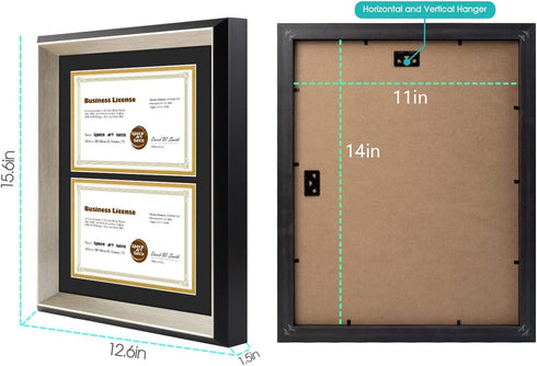 Space Art Deco, 11x14 Picture Frame with 2 Opening for Two 5.5x8.5 Business Licenses with Mat or 11x14 Frame Without Mat.Wall Display Horizontal or Vertical, High Definition Glass (Black with Silver Beveled Design)