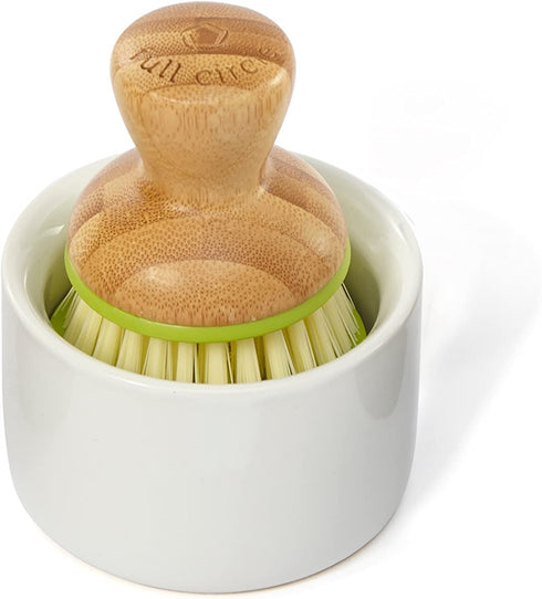 Full Circle Bubble Up Ceramic Soap Dispenser & Bamboo Handle Dish Brush Replaceable Kitchen Dish Scrubber with Soap Holder, Green