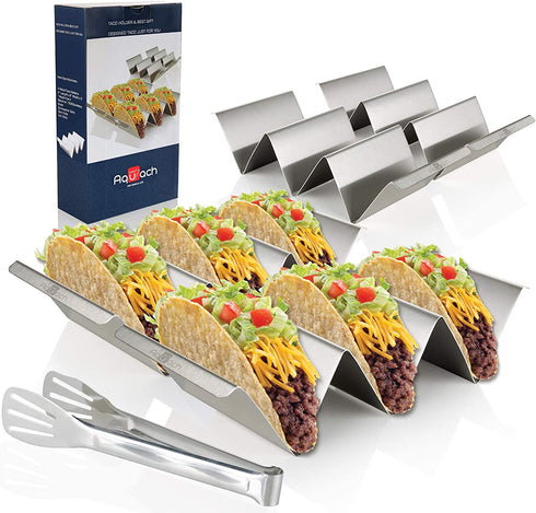 Taco Holders Stainless Steel Set of 4, Oven&Grill&Dishwasher Safe, Taco Accessories for Taco Tuesday Party, Easy-To-Hold Handle, Smooth Edge for Safe Use