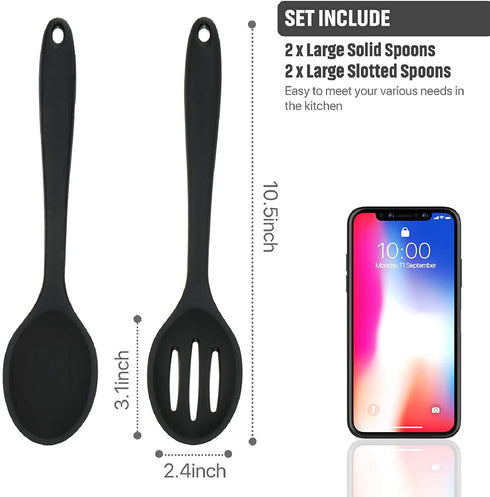 4 Pieces Silicone Cooking Spoons Set Silicone Serving Spoon Silicone Nonstick Mixing Spoons Slotted Spoons Large Nonstick Heat Resistant Spoons for Kitchen Cooking Bake Stir Draining Tool (Black)