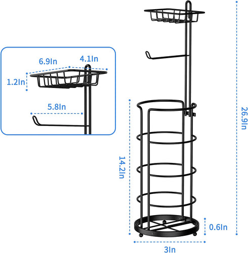 Bextsrack Toilet Paper Holder Stand, Free Standing Bathroom Toilet Tissue Roll Holder and Dispenser with Storage Shelf, Black
