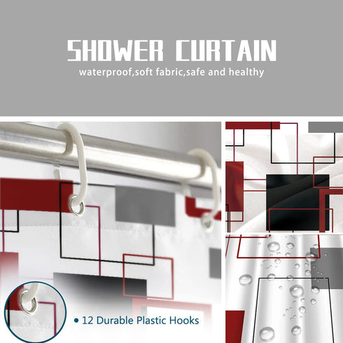 Black and White Shower Curtain Grey and Red Geometric Check Modern Shower Curtain Sets for Bathroom Decor Fabric Shower Curtain Waterproof with 12 Hooks, 72"x72"