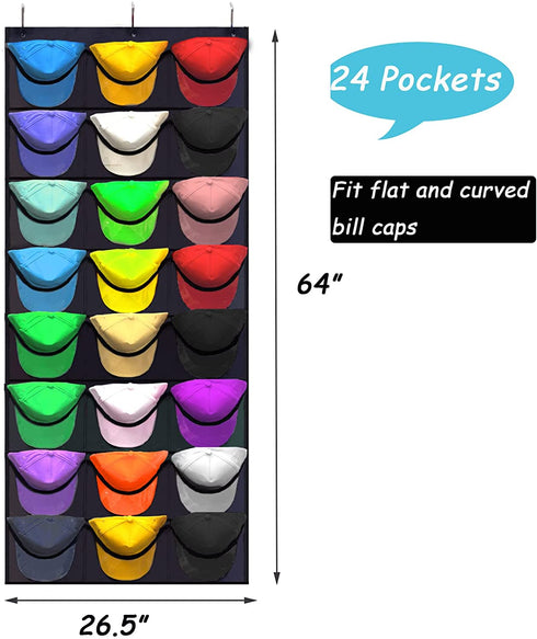 KHIKILY Baseball Hat Rack 24 Pocket Over-The-Door Cap Organizer with Clear Deep Pockets