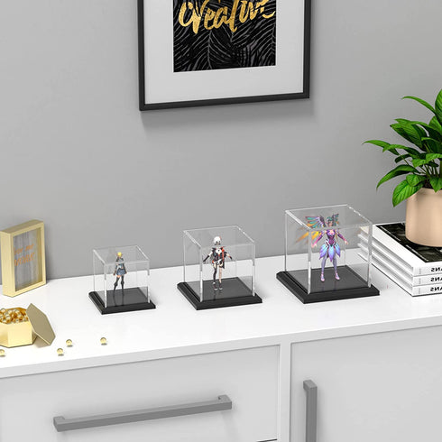 FEMELI Acrylic Display Case, Clear Box Cube Organizer Stand with Base, Assembled Countertop Showcase for Home Collections Action Figures Toys (4in)