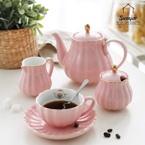 SWEEJAR Royal Teapot, Ceramic Tea Pot with Removable Stainless Steel Infuser, Blooming & Loose Leaf Teapot - 28 Ounce (Pink)