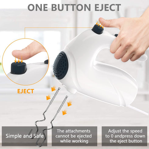Hand Mixer Electric 120W Handheld Mixer 5 Speeds for Baking Cake Egg Cream Food Beater, Turbo Boost/Self-Control Speed + 5 Speed + Eject Button + 5 Stainless Steel Accessories