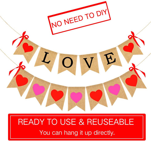 Valentines Day Decorations, Burlap Love Banner with Heart Garland Valentine's Day Banner for Wedding Anniversary Engagement Decorations, No DIY