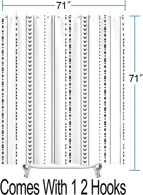 Yuiqear 71x71 Boho Shower Curtain Black and White Fabric Bathroom Curtains Set with Hooks, Chic Triangle Geometric Bath Curtain, Heavy Duty and Waterproof for Modern Hotel Decor
