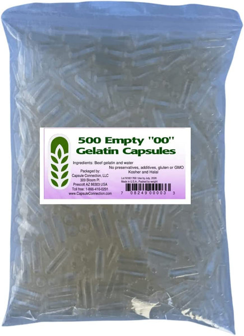 Capsule Connection USA-Made 500 Bulk Empty Gelatin Capsules, 00 Size resealable Bag