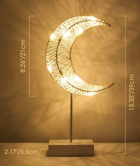 Lewondr Table Lamp, Battery Powered Moon Shape Bedside Light Desk Lamp Christmas LED Decorative Lamp Winding Iron Frame Plastic Base Warm White Bright Light Home Bedroom Romantic Decoration - White
