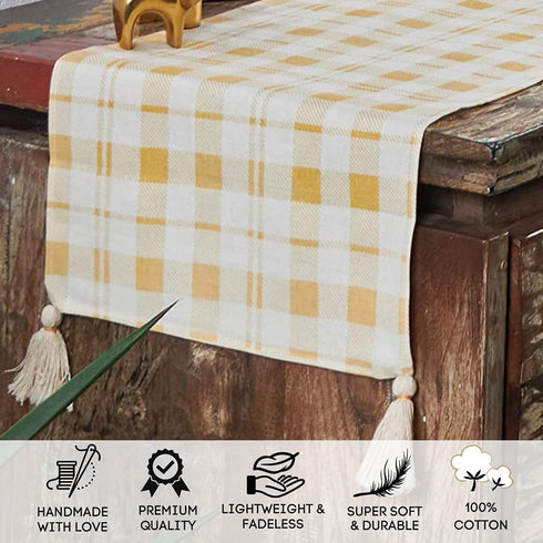 Folkulture Gingham Table Runner with Tassels for Home Dining Table, Farmhouse Style D©cor or Kitchen, 100% Cotton Linen Yellow Sand Boho Table Runner, 14 x 108 inch Long