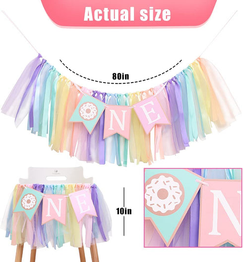 Donut 1 to 2 Years Old Birthday Banner - Donut Theme Birthday High Chair Banner, a Soft Rainbow Ribbon Tutu Group, Sweet Days, Leaving a Wonderful Party Time, Perfect Party Decoration. (Donut 1)