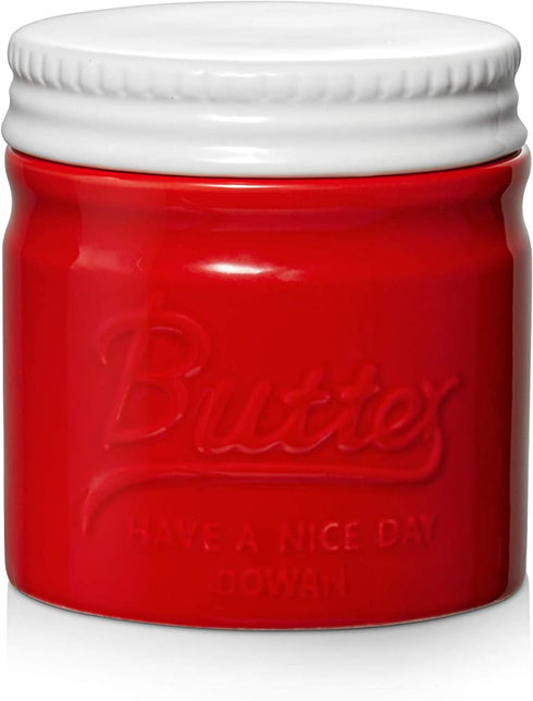 DOWAN Porcelain Butter Keeper Crock, French Butter Dish with Lid, Embossed Butter Container for Soft Butter, Big Capacity & Humanized Water Line, Red