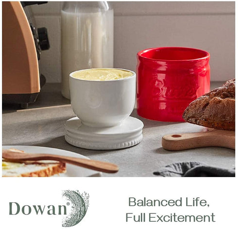 DOWAN Porcelain Butter Keeper Crock, French Butter Dish with Lid, Embossed Butter Container for Soft Butter, Big Capacity & Humanized Water Line, Red