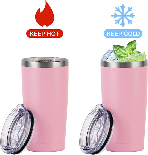 2 Pack Travel Tumblers, 20 Oz Stainless Steel Tumblers with Lids Straws, Vacuum Insulated Tumblers, Double Wall Travel Tumblers, Powder Coated Insulated Coffee Cup for Hot and Cold Drinks, Pink