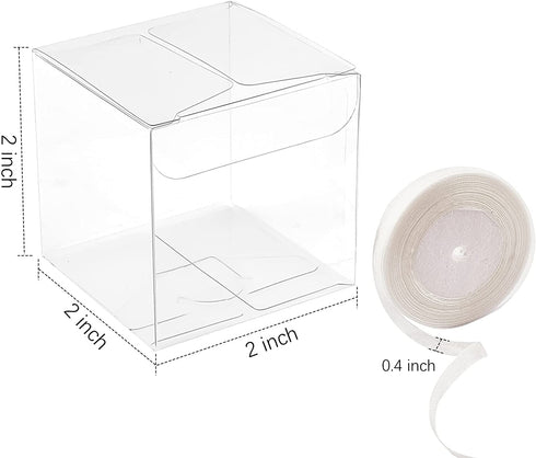 Jutieuo 100 Pack Clear Boxes for Favors 2x2x2 Inches with White Silk Ribbon, Transparent Cube Candy Boxes for Wedding Baby Shower Birthday Party Favor Boxes, Individual Macaron Display Packaging Box