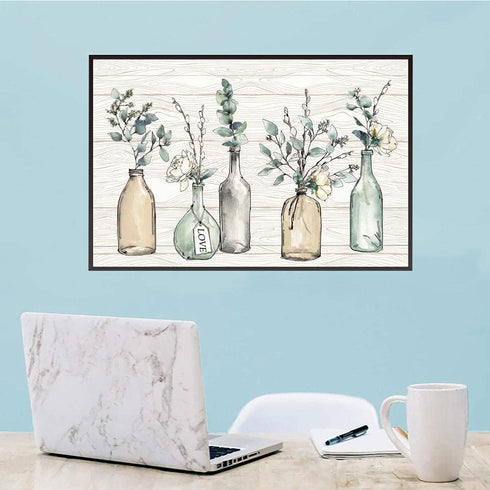 Flower Wall Art Painting Line Wood Texture Botanical Wall Art Canvas Picture Contemporary Botanic in Jar Canvas Artwork for Living Room Bedroom Kitchen Dinning Room Office Home Decor No Frame 24x16in