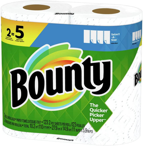 Bounty Select-A-Size Paper Towels, White, 2 Double Plus Rolls = 5 Regular Rolls