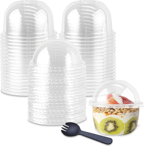 50 Pack 9oz Plastic Clear Dessert Cups with Dome Lids No Hole Disposable Snack Bowls for Ice Cream, Cake, Fruit, Parfait, Pudding and Jello Shot