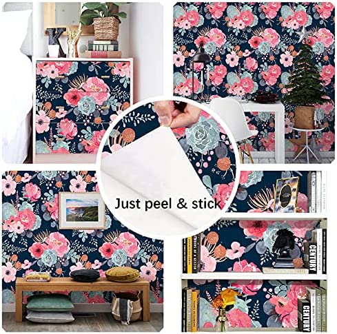 HAOKHOME 93005-1 Peel and Stick Modern Floral Wallpaper Pink/Green/Navy/Orange Vinyl Self Adhesive Prepasted Decorative 17.7in x 9.8ft