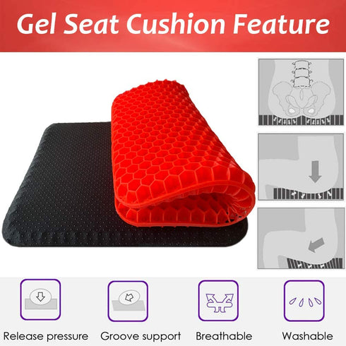 Gel Seat Cushion Double Thick Gel Support Cushions, Breathable Honeycomb Chair Mats Wheelchair Pads for Back Pain, Tailbone, Coccyx, Pressure Sores and Sciatica Relief (Red)