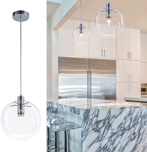 Modern Glass Globe Pendant Light 9.84 inch Chrome, Adjustable Edison Ceiling Pendant Light Fixtures for Kitchen Island Farmhouse Restaurants by Bewamf