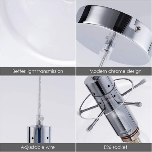 Modern Glass Globe Pendant Light 9.84 inch Chrome, Adjustable Edison Ceiling Pendant Light Fixtures for Kitchen Island Farmhouse Restaurants by Bewamf
