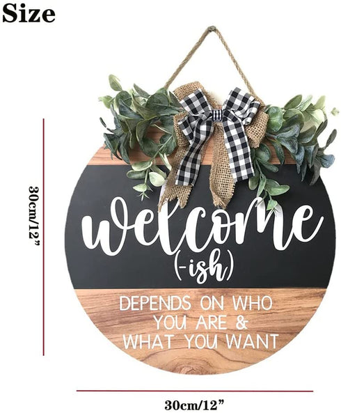 Welcome Sign Front for Door Decoration, 12 in Round Wood Wreaths Wall Hanging Outdoor, Farmhouse, Porch, for Spring Summer Fall All Seasons Holiday Christmas (Black)