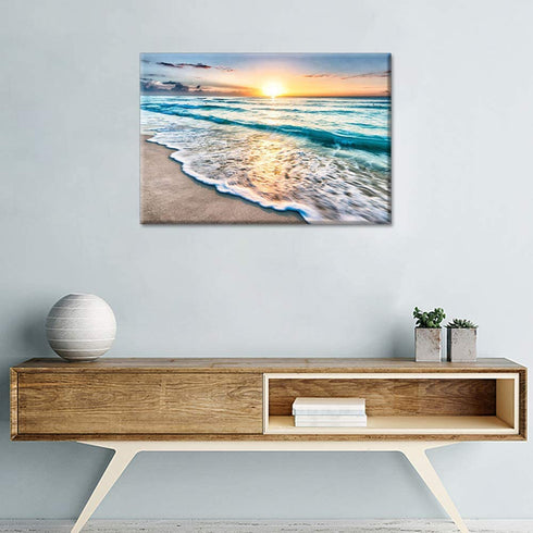 TUMOVO Wall Art for Living Room White Beach Canvas Art Wall Decor Blue Sea Sunset Pictures Print on Canvas Natural Landscape Painting Seascape Modern Artwork Stretched Framed Ready to Hang - 12" x 18"