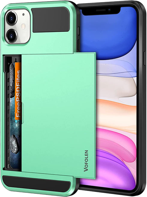Vofolen Case for iPhone 11 Case Wallet Credit Card Holder ID Slot Sliding Door Hidden Pocket Anti-Scratch Dual Layer Hybrid Bumper Armor Protective Hard Shell Back Cover for iPhone 11 6.1 Mint Green