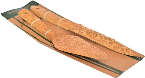 Natural Bamboo Wood Cake Knife and Serving Set, Patterned Serrated Knife and Spatula, Cake Cutting Set, Stylish and Elegant