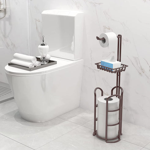 Toilet Paper Holder Stand with Reserve and Dispenser for 4 Mega Roll, Bathroom Freestanding Toilet Tissue Storage with Shelf for Wipes and Phone, Bronze