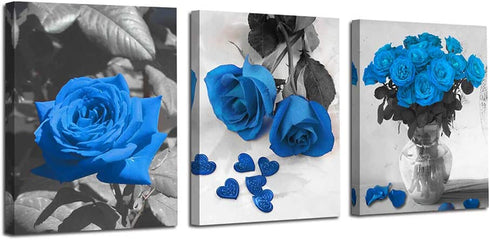 Ardemy Canvas Wall Art Blue Rose 3 Panels Flowers Pictures Prints Black and White Painting Modern Romantic Florals Framed Ready to Hang for Bathroom Bedroom Living Room Spa Kitchen Wall Decor