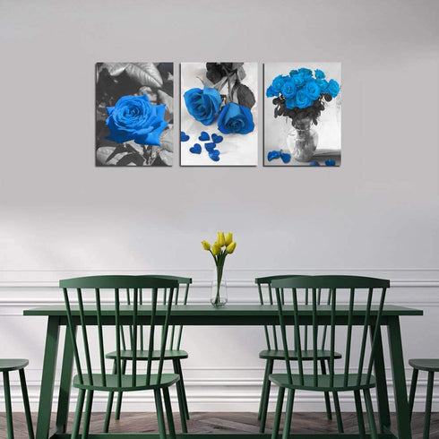 Ardemy Canvas Wall Art Blue Rose 3 Panels Flowers Pictures Prints Black and White Painting Modern Romantic Florals Framed Ready to Hang for Bathroom Bedroom Living Room Spa Kitchen Wall Decor