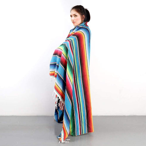 AerWo 59 x 84 Inch Mexican Tablecloth Mexican Serape Blanket for Mexican Party Wedding Cinco De Mayo Fiesta Decorations Outdoor Picnics Dining Table Cover, Large Square Cotton Fringe Table Cloth