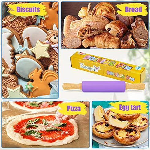 Koogel 15 Inch Silicone Rolling Pin, Purple Rolling Pin Handle Rolling Pin Non-Stick Silicone Rolling for Home Kitchen Cake