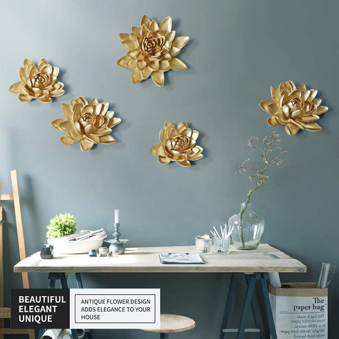 Flower Wall Decor 3D Resin Lotus Wall Hanging Decor Art Decor for Home Dedroom Living Room (Gold, L)