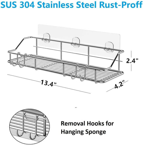 Adhesive Shower Caddy Shower Shelf Basket with Hooks, 304 Stainless Steel, 2 Pack (Silver)