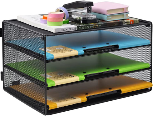 COSYAWN Paper Letter Tray Organizer, 3 Tier Mesh File Tray Desktop Paper Sorter, Black