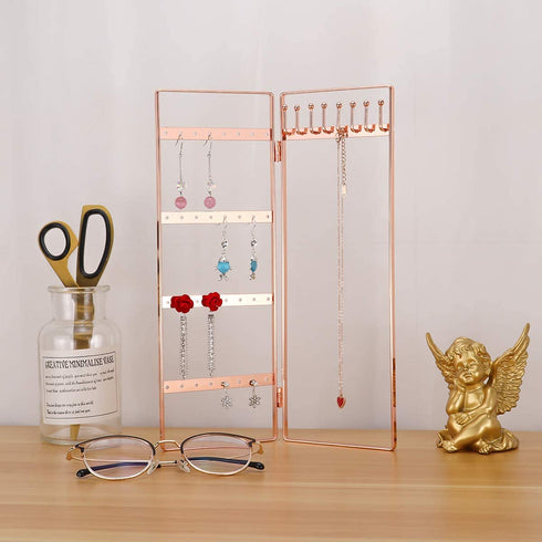 LEORISO 2-Panel Jewelry Organizer, Metal Jewelry Holder, Foldable Jewelry Hanger, Portable Jewelry Display Rack for Earrings, Necklaces & Bracelets (Rose Gold)