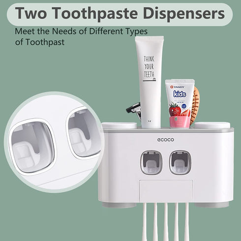 Toothbrush Holder with Toothpaste Dispenser Wall Mounted for Bathroom-Automatic Electric Tooth Pastetooth Squeezer-Bathroom Organizer Storage Accessories Set for Kids with 5 Toothbrush Organizer Slots
