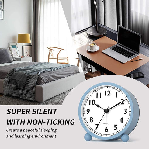 Kpin Silent Analog Alarm Clock with Night Light,Beep Sounds,Gentle Wake,Battery Operated,Easy Set (Blue, Small)