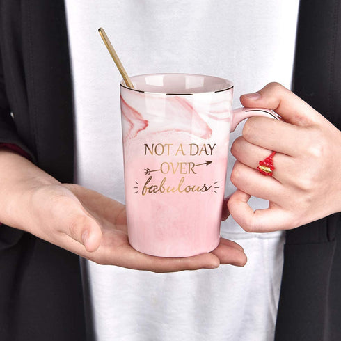 Not a Day Over Fabulous Coffee Mug Birthday Gifts for Women, Birthday Gift Ideas for Best Friends female, BBF, Her, Sister, Wife, Mom, Aunt Ceramic Marble Coffee Mug with Box Packing Pink 14OZ