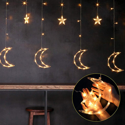 Curtain Lights 138 LEDs USB and Battery Powered Moon Star Window Fairy String Lights with 8 Flashing Modes for Bedroom, Home, Garden, Wedding, Christmas Party Decoration2