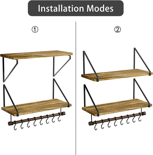 Love-KANKEI Floating Shelves Wall Mounted Set of 2, 17.3 Inch Wall Storage Shelves with Wood Towel Bar and 8 Removable Hooks, Kitchen, Coffee Bar, Bathroom, Bedroom, Living Room Carbonized Black