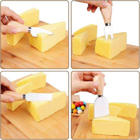 Bamboo Cheese Board with 4 Stainless Steel Knives and 8 Dessert Forks, 2 Seasoning Bowls, 20 Toothpicks Flags, Charcuterie Platter & Serving Tray for Wine, Biscuits, Salty Cheese and MeatBullet Points