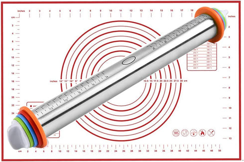 Rolling Pin with Thickness Rings and Pastry Mat for Baking Cookie Chapati Fondant Dough Pastry Pizza Pie Crust, Stainless Steel Roller Pin, Red Mat