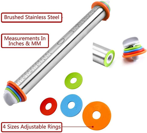 Rolling Pin with Thickness Rings and Pastry Mat for Baking Cookie Chapati Fondant Dough Pastry Pizza Pie Crust, Stainless Steel Roller Pin, Red Mat