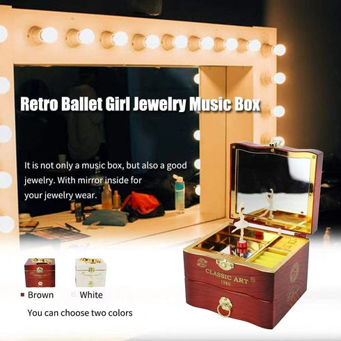 FOUUA Musical Jewelry Box, Ballerina Themed Girl Musical Jewellery Box, White Wind Up Kids Music Case with Drawer and Swan Lake Tune Gift for Daughter Girlfriend on Birthday Christmas Valentine's (Brown)