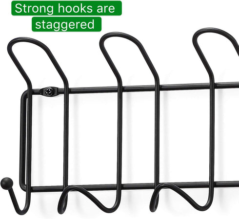 Minggoo Coat Rack Wall Mounted Hook Rack Over The Door Hook Set of 2, Organizer 13 Hooks, Heavy-Duty Iron Wire Black